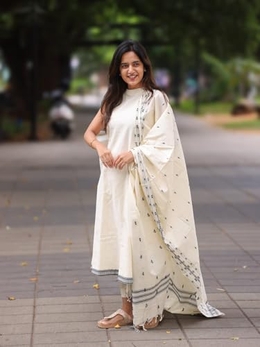 Anni Designer Women'S Rayon Viscose Solid Anarkali Kurta With Pant & Dupatta (Kesargod Cream_Xl_Cream_X-Large),Cream,XL,Vicose Rayon,Anarkali,