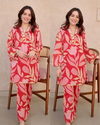 Anni Designer Women'S Cotton Blend Printed Ethnic Co-Ord Set (Badima Red_Xxl_Red_Xx-Large),Red,2XL,Cotton Blend,Regular,