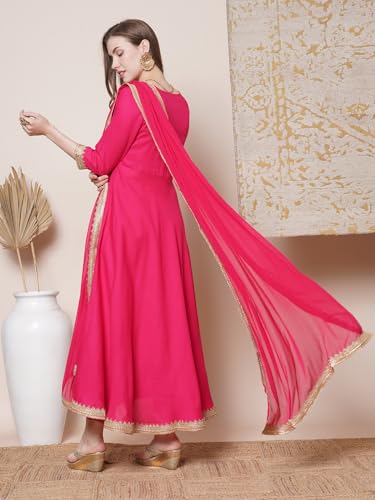 Anni Designer Women'S Rayon Blend Anarkali Solid Kurta With Pant & Dupatta (Shyam Pink_L_Pink_Large),Pink,L,Rayon Blend,Anarkali,