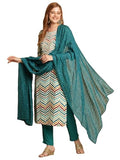 Anni Designer Women'S Cotton Blend Straight Printed Kurta With Pant & Dupatta (Kamkoj Teal_S_Blue_Small),Teal Blue,S