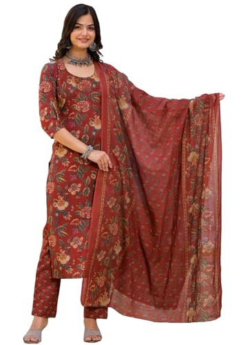 Anni Designer Women'S Cotton Blend Printed Straight Kurta With Pant & Dupatta (Gla Maroon_M_Maroon_Medium),Maroon,M