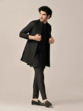 Kisah Men'S Kurta Jacket Trouser Set, Black Silk Blend, Jacquard Regular Fit Mandarin Collar Long Sleeves (40)