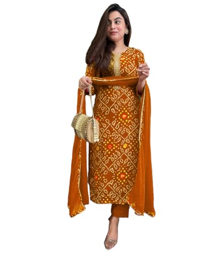 Anni Designer Women'S Rayon Blend Straight Bandhej Printed Kurta With Pant & Dupatta (Turae Mustard-Vks01_Xl_Mustard_X-Large),Mustard,XL