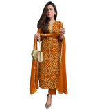 Anni Designer Women'S Rayon Blend Straight Bandhej Printed Kurta With Pant & Dupatta (Turae Mustard-Vks01_Xl_Mustard_X-Large),Mustard,XL