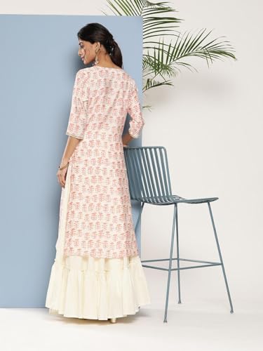 Anni Designer Women'S Cotton Blend Printed Straight Kurta (Chameli_Peach_X-Large),Peach,XL,Cotton Blend,ANNI DESIGNER Women's Cotton Blend Straight Yoke Design Printed Kurta (Chameli),