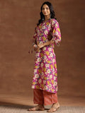 Libas Womens Printed Cotton A-Line Kurta With Palazzos Pink S 36798