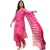 Gosriki Women'S Rayon Viscose Straight Bandhej Printed Kurta With Pant & Dupatta (Baghira Pink-Vks02-Gs_L_Pink_Large),Pink,,B0F8Q9B83R