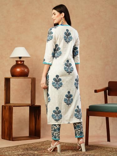 Anni Designer Women'S Cotton Blend Straight Printed Kurta & Pant (Cheer White_M_White_Medium),White,M,Rayon Blend,Classic,Kurta
