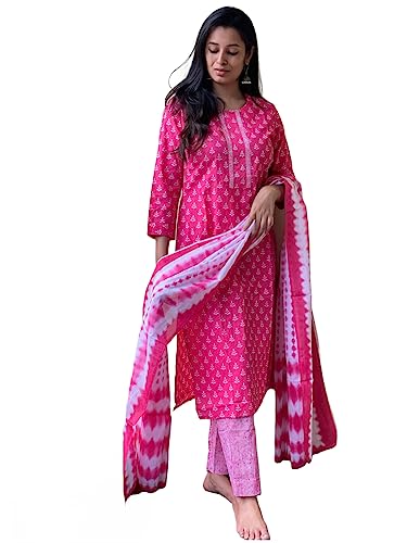 Anni Designer Women'S Cotton Blend Straight Printed Kurta With Pant & Dupatta (Noor Pink_M_Pink_Medium),Pink,M