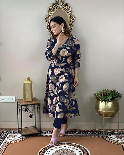 Anni Designer Women'S Cotton Blend Straight Printed Kurta With Pant (Dhun Navy Blue_Xl_Navy Blue_X-Large),Navy Blue,XL,Rayon Blend,Regular,Kurta