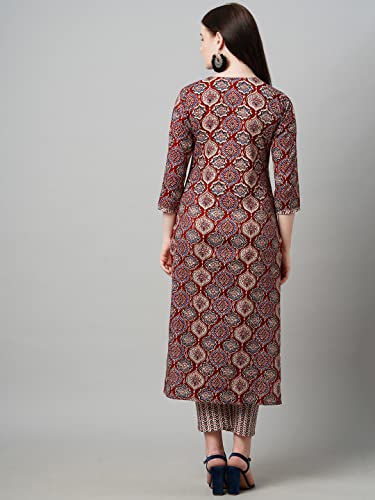 Anni Designer Women'S Cotton Blend Traditional Straight Printed Kurta And Pant Set (Priyani Red_L_Red_Large),Red,L,Cotton Blend,Regular,Pants