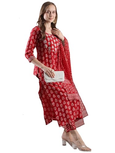Anni Designer Women'S Rayon Blend Printed Straight Kurta With Pant & Dupatta (Mau Red-Vks02_L_Red_Large),Red,L