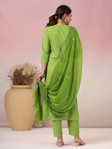 Anni Designer Women'S Rayon Blend Embroidered Straight Kurta With Pant & Dupatta (Kasturi Parrot_S_Parrot Green_Small),Parrot Green,S,Rayon Blend,Regular,Kurta, Scarf
