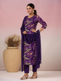Anni Designer Women'S Rayon Blend Printed Straight Kurta With Pant & Dupatta (Geto Blue_L_Blue_Large),Violet,L,Rayon Blend,Regular,Kurta, Scarf