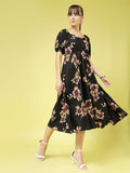 Oomph! Women'S Western & Fusion Wear Printed Crepe Dress For Women Puffed Sleeve Black - Md988,Jet BlackApparel,M