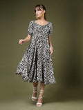 Oomph! Women'S Western & Fusion Wear Printed Crepe Dress For Women Puffed Sleeve Black - Md987,Midnight BlackApparel,S