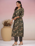 Anni Designer Women'S Rayon Blend Straight Printed Kurta With Pant (Kivala Green_L_Green_Large),Green,L,Rayon Blend,Casual,