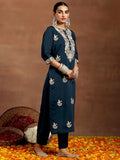 Libas Gerua Womens Yoke Design Silk Blend Straight Kurta With Trousers And Dupatta Blue L Gs984