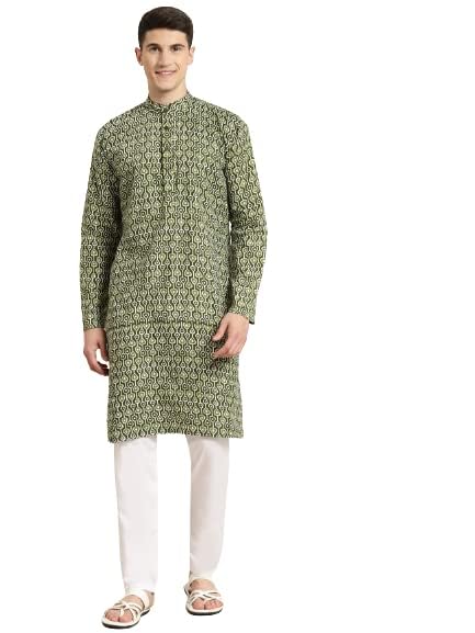 Sojanya (Since 1958 Men'S Cotton Mehendi & White Print Kurta & White Churidar Pyjama Set