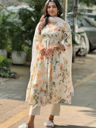Anni Designer Women'S Rayon Blend Printed Anarkali Kurta With Pant & Dupatta (Sudan Cream_Xl_Cream_X-Large),Cream,XL,Rayon Blend,Anarkali,