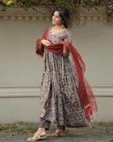 Gosriki Women'S Rayon Blend Anarkali Printed Kurta With Pant & Dupatta (Madipakam Maroon-Gs_Xl_Maroon_X-Large),Maroon,,B0DFCHYWZV