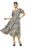 Oomph! Women'S Western & Fusion Wear Printed Crepe Dress For Women Puffed Sleeve Grey - Md992,Aegan Blue,Aegan Blue,L