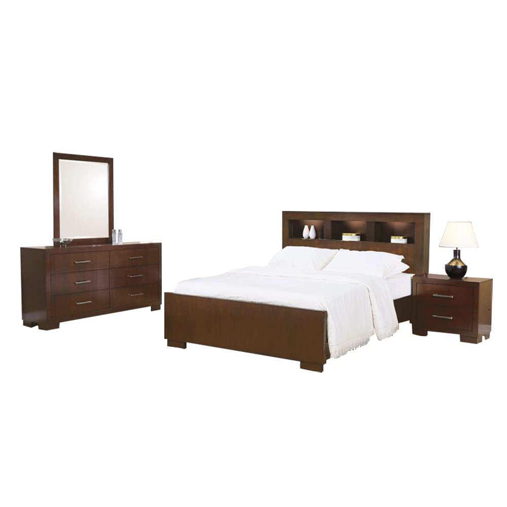 Coaster Home Furnishings Jessica Contemporary 4-Piece Bedroom Set Eastern King Size Led Storage Bookcase Bed Frame 47-Inch Headboard Cappuccino 200719Ke-S4