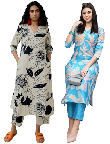 Anni Designer Women'S Cotton Blend Printed Straight Kurta With Pant Pack Of 2 (Anaar Beige-Jonaki Blue_Xl_Multi_X-Large),Multicolour,XL