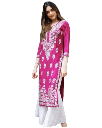 Anni Designer Women'S Rayon Blend Straight Chikankari Embroidered Kurta (Victoria Pink_M_Beige_Medium),Pink,M