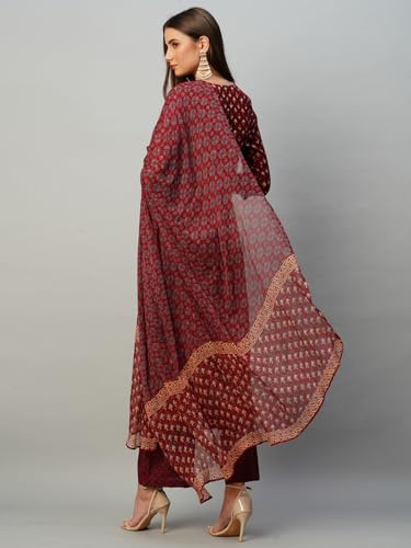 Anni Designer Women'S Cotton Blend Straight Printed Kurta With Pant & Dupatta (Bc Maroon-Kbv_Xl_Maroon_X-Large),Maroon,XL,Cotton Blend,Regular,