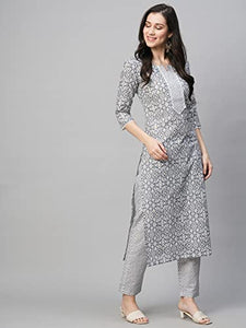Gosriki Women'S Cotton Blend Printed Straight Kurta With Pant (Kavi-Grey-Nw06-Gs_3Xl_Grey_Xxx-Large),Grey,3,B0BVJ2QTWZ