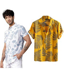 LookMark Men's Cotton Blend Casual Beach Wear Shirts | Stylish Printed Shirts for Men | Comfortable Summer Wear | Party Vacation & Daily Casuals (Pack of 2) (Printed Shirt Blue Leaf-Shiva-XL),Blue-Yellow
