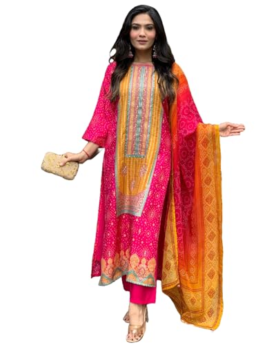 Gosriki Women'S Rayon Blend Printed Straight Kurta With Pant & Dupatta (Shubhangi Rani-Gs_L_Pink_Large),Pink,,B0DPZB5ZWM
