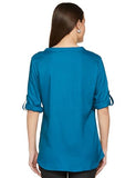 Fyltr Women'S Fashion V-Neck Top With Roll-Up Sleeves,Mediterannean Blue,Mediterannean Blue,Xl