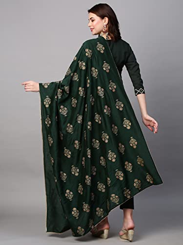 Anni Designer Women'S Cotton Blend Embroidered Straight Kurta With Pant & Dupatta (Mysuru-Dark Green_M_Dark Green_Medium),Dark Green,M,Cotton Blend,Regular,