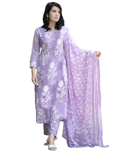 Anni Designer Women'S Cotton Blend Printed Straight Kurta With Pant & Dupatta (Zuri Purple-Vks01_M_Purple_Medium),Purple,M