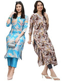 Gosriki Women'S Cotton Blend Printed Straight Kurta With Pant Pack Of 2 (Jonaki Blue-Southz Wine-Gs_Xxl_Multi_Xx-Large),Multicolour,2,B0D6KVRZMH