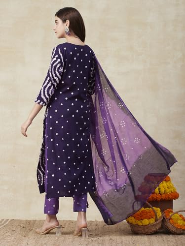 Anni Designer Women'S Cotton Blend Straight Printed Kurta With Pant & Dupatta (Paripurna Violet_Xxl_Violet_Xx-Large),Violet,2XL,Cotton Blend,Regular,