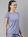 Enamor Athleisure Women's Raglan Sleeves Scoop Neck Slim Fit Quick Dry 4 Way Stretch Antimicrobial Active Tee with Reflective Graphic- E089(E089-Greek Blue Melange/ Matrix Ref-M),Greekbluemel/Matrix