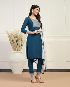 Toplot Women'S Solid Straight Kurta With Pant & Dupatta|Kurta Pant Set With Dupatta (Straight-Kurta-Pant-5197-Turquoise-L),Turquoise,,B0DCNLQ41Y