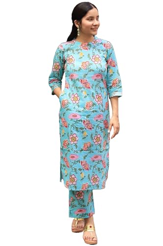 Anni Designer Women'S Cotton Blend Straight Printed Kurta With Pant (Nazuk-Rama_Xxl_Blue_Xx-Large),Blue,2XL