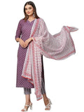 Gosriki Women'S Cotton Blend Straight Printed Kurta With Pant & Dupatta (Lathi Wine-Gs_S_Wine_Small),Wine,,B0CGD6DGPL