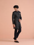 Kisah Men'S Black Sherwani Trousers Set, Cotton Full Sleaves, Knee Length, Straight, Regular Fit, Mandarin Collar Ethnic Wear