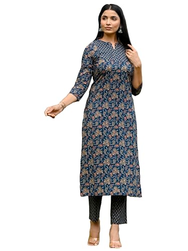 Anni Designer Women'S Rayon Blend Straight Printed Kurta With Pant (Ommy Blue_Xxl_Blue_Xx-Large),Blue,2XL