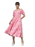 Oomph! Women'S Western & Fusion Wear Printed Crepe Dress For Women Puffed Sleeve Pink - Md994,Punch PinkApparel,L