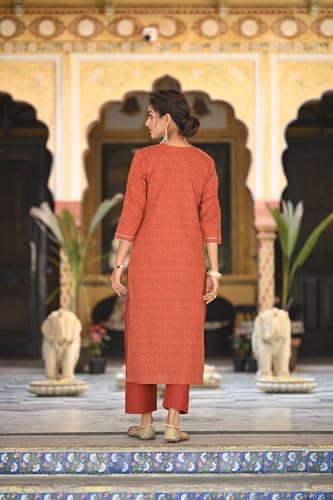 Anni Designer Women'S Cotton Blend Printed Straight Kurta And Pants With Dupatta (Pradrarekha Red_M_Red_Medium),Red,M,Cotton Blend,Regular,