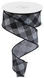 Diagonal Plaid Check Wired Edge Ribbon - 10 Yards (Grey, Black, 1.5 Inch)
