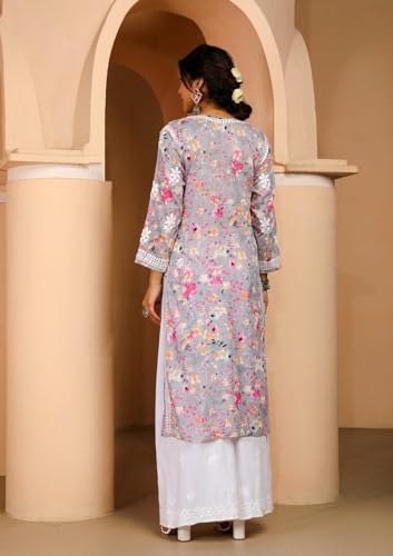 Anni Designer Women'S Rayon Blend Chikankari Embroidered Straight Kurta (Kisrup-Multi_L_Grey_Large),Grey,L,Rayon Blend,Regular,