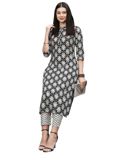Gosriki Women'S Cotton Blend Straight Printed Kurta With Pant (Babita Black-Nw-Gs_M_Black_Medium),Black,,B0CSG396FJ