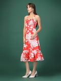 Oomph! Women'S Western & Fusion Wear Printed Crepe Dress For Women Smocked Bodice Red - Md1050,Scarlet Red,Scarlet Red,S